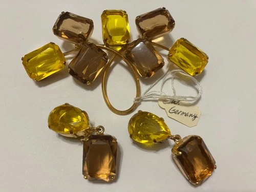 VTG W. GERMANY YELLOW & AMBER BROOCH PIN & CLIP ON EARRINGS SET COSTUME JEWELRY
