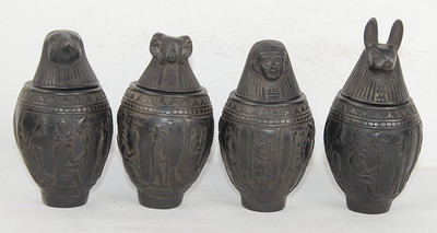 4 UNIQUE ANCIENT EGYPTIAN Canopic Jars  Anubis ,Isis ,Baboon ,Horus Statues (JU)
