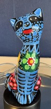 Mexican Hand Painted Blue Floral Pottery Cat