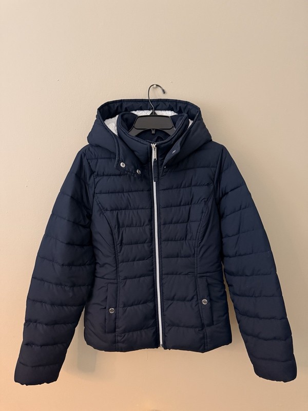 Hollister Women’s Navy Hooded Puffer Jacket Full Zip Pockets Size M