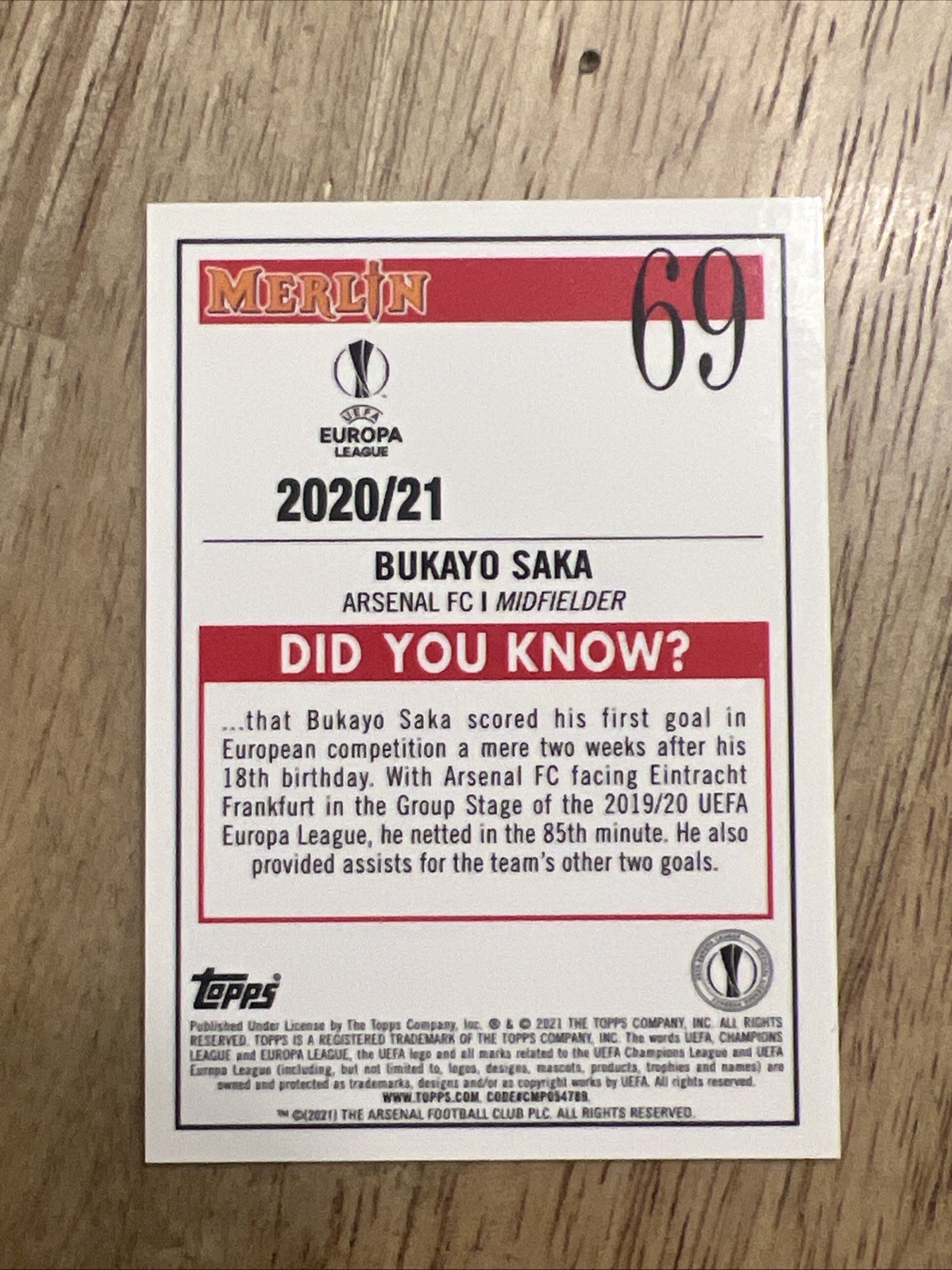 Bukayo Saka 2020-21 Topps Merlin #69 Aqua Prizm Refractor Arsenal FC view 2