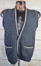 Vintage 60s 70s Campus Ribbed Knit Cardigan Sweater Vest Mens M Lambs Wool Blend