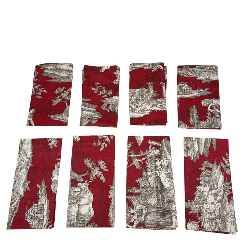 William Sonoma Red Toile de Jouy Autumn Rectangle Tablecloth Napkins Set Of 8 - Image 2 of 4