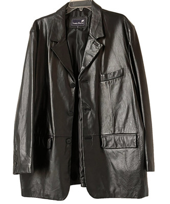 Stanley Blacker Men's Black  Leather Blazer Jacket Size 48 Long Sleeve Retro