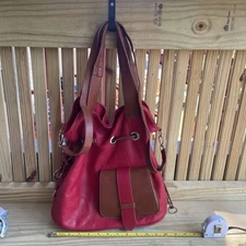 Italian Red Leather Convertible Bucket Bag Cinch Shoulder Cross Body Prot. Feet
