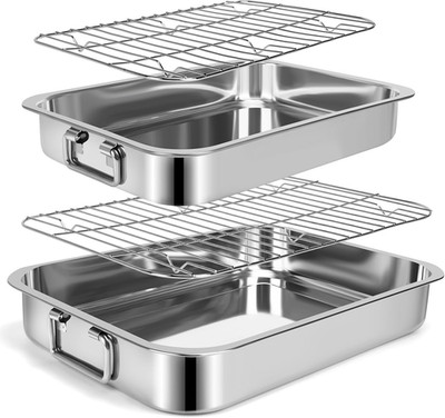 2 Pcs 13.7''15'' Stainless Steel Roasting Pans with Handles, Baking Pan for Oven w