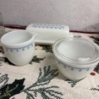 Vtg Pyrex Blue Garland Snowflake Milk Glass Sugar Creamer Butter Dish Set USA