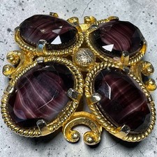 Vintage Sphinx Brooch Purple Glass Gold Tone Statement Jewellery 1960s