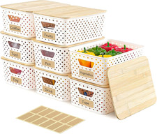 8 Pack Plastic Storage Bins with Bamboo Lids - Stackable Storage Baskets with Ha