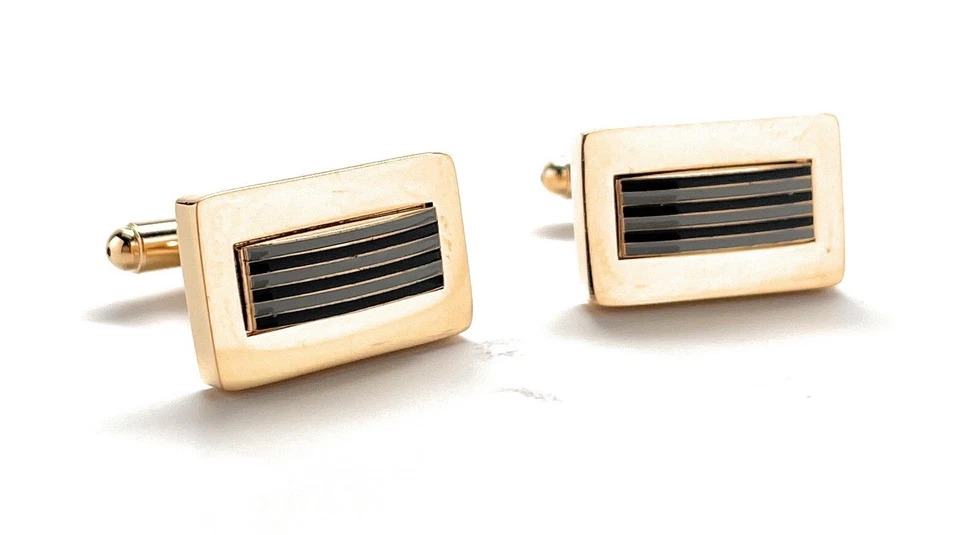 Gold Power Bars Cufflinks Gold Rhodium Platting Black and Grey Enamel Wedding - Image 4 of 4