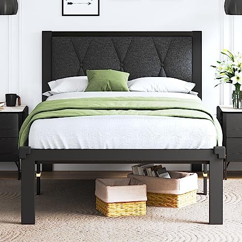 Twin Dark Grey Metal Bed Frame with Tufted Fabric Headboard