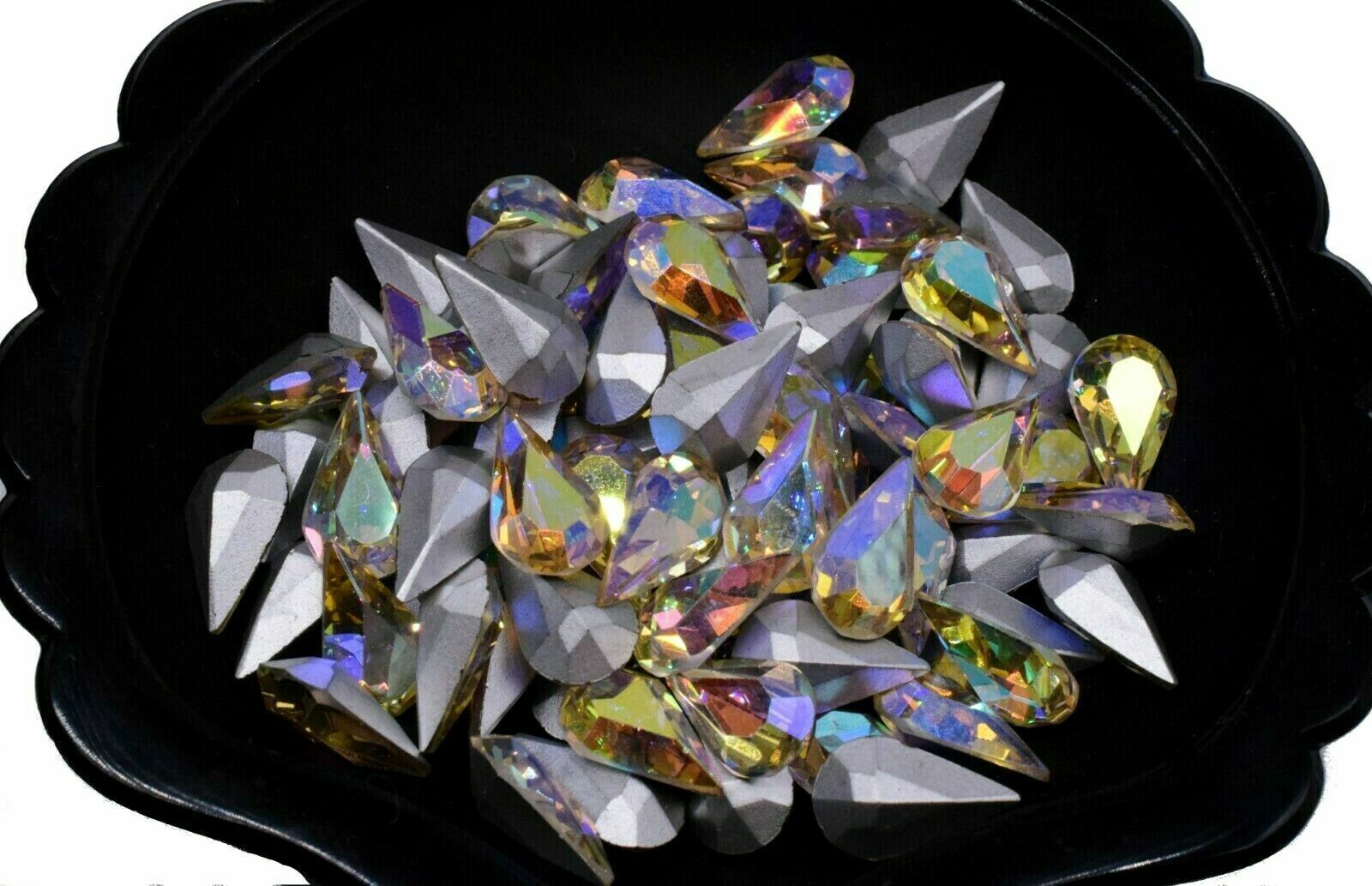 10 Swarovski Crystal Iridescent AB Pear Shape Cabochon Foiled 8 x 13 mm Vintage