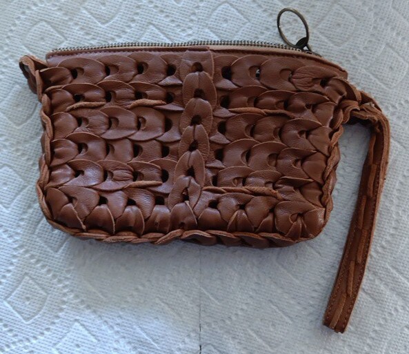 Vintage? Italian? Handmade? Soft Tan Leather Woven Wristlet Purse Bag Clutch