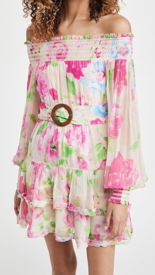 ROCOCO SAND Alora Mini Dress Multi Pink Floral Off Shoulder ROCOCO SAND Alora Mini Dress Multi Pink Floral Off Shoulder