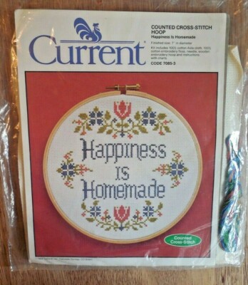 NEW!  Vntg 1984 Current, Inc. Cross Stitch Hoop Kit ''Happiness is Homemade'' 7x7