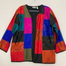 Chico's Multi Color Patchwork Embroidered Boho 100 Silk Light Jacket Large/2