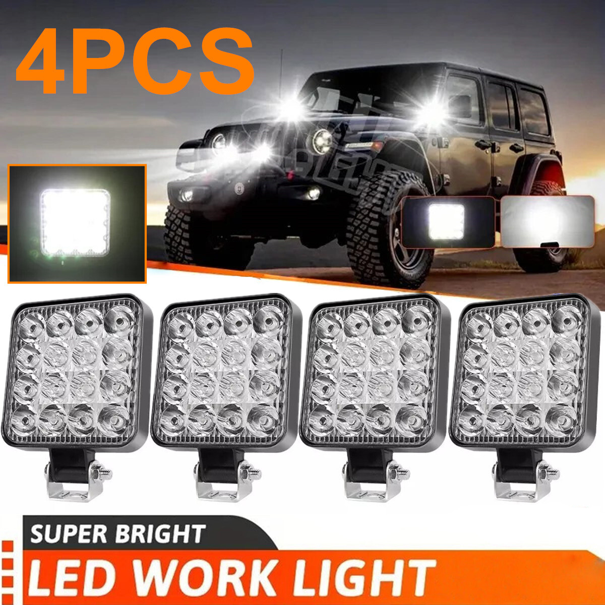 4-Pack 48W LED Work Light Pods - 12V/24V Square Spot Lights For Truck, Tractor, Off-Road