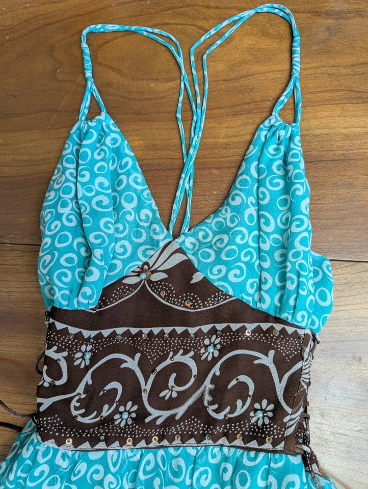 ECI New York Floral Silk Fairy Beaded Embellished Lace Up Corset Spaghetti Dress - Image 2 of 4