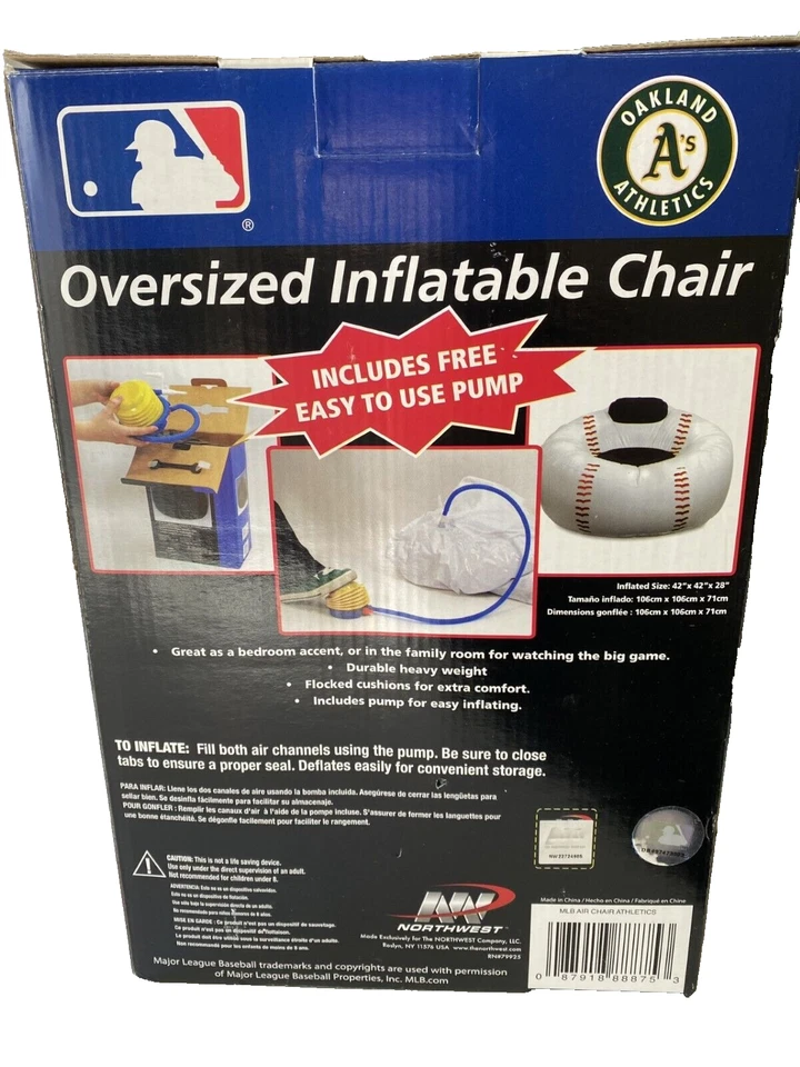 OAKLAND ATHLETICS OVER SIZED INFLATABLE CHAIR WITH PUMP 42 X 42 X 28 NEW IN BOX - Image 2 of 2