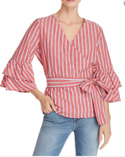 Beach Lunch Lounge Wrap Top Womens size SP Surplice Bell Sleeve Red Striped Boho