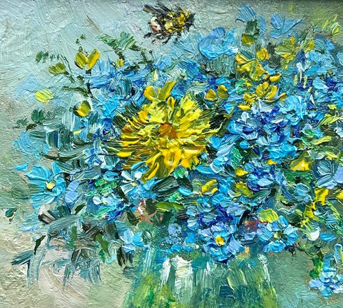 Bouquet Forget-me-not Original oil artwork Meadow flowers floral art 4х4in so - Picture 4 of 11