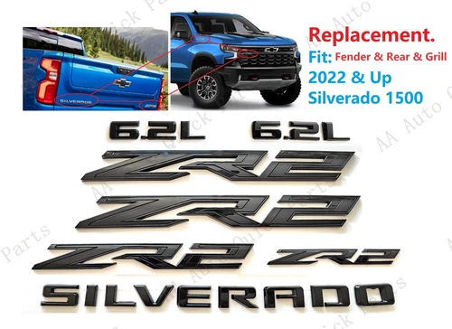7PC Gloss Black Fender Rear Grill ZR2 6.2L Silverado Emblems 2022+Silverado 1500