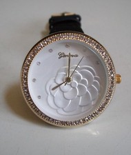 Women's Flower Gold Black Leather Band Rhinestone Fashion Casual Watch