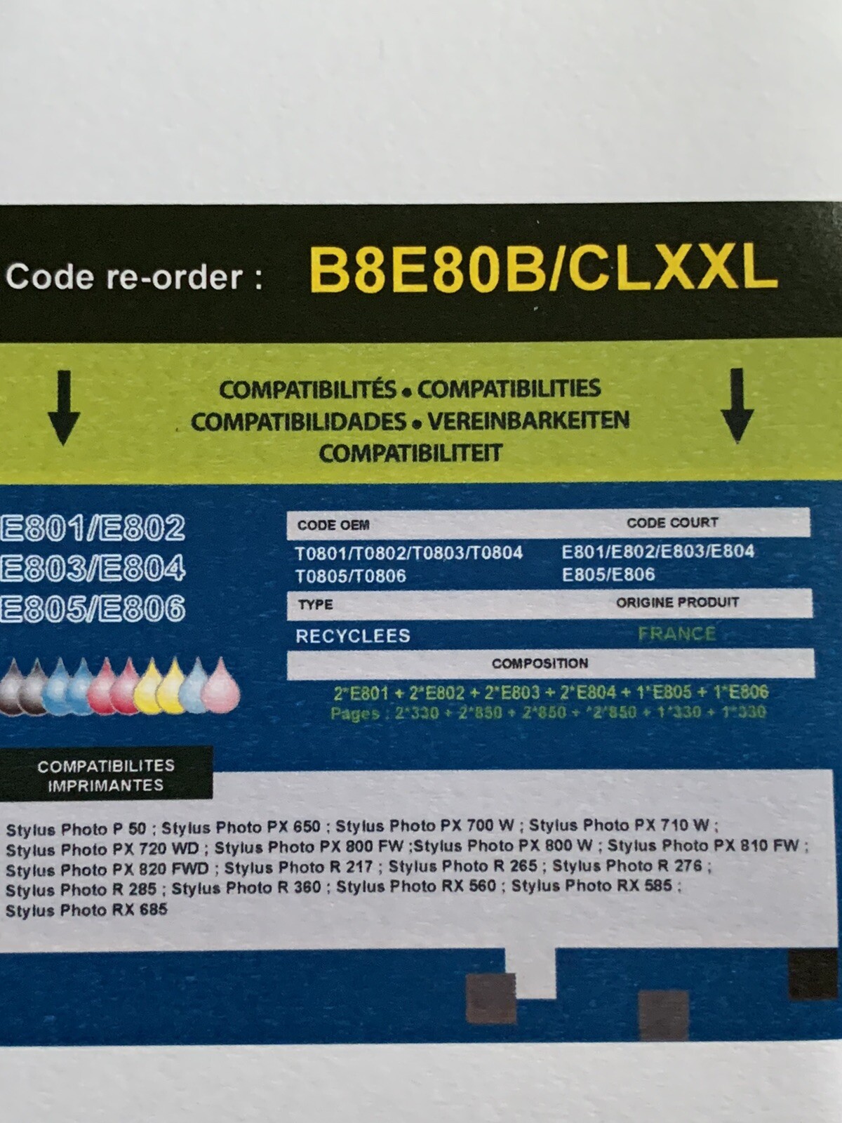 Cartouches Epson E 801/802/803/804/805/806 neuves pour rapport de télétravail