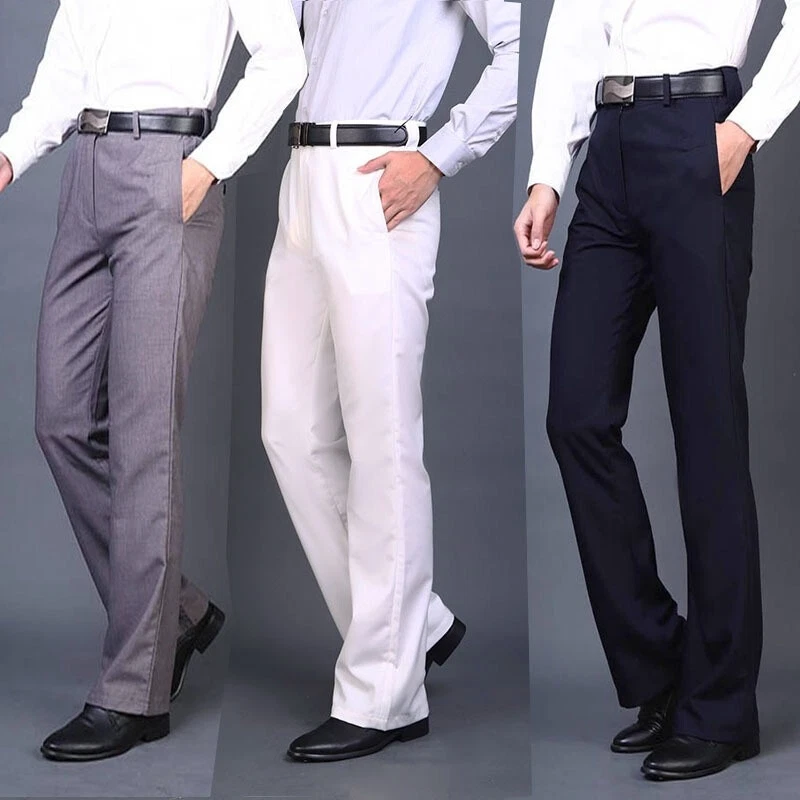 Men Bell Bottom Pants Flared Formal Dress Trousers Slim Office Work Casual  Plain