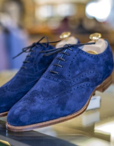 Handmade Mens fashion blue Suede shoes, Men designer wingtip brogue party shoes - Picture 1 of 5