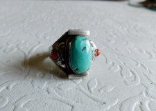 VINTAGE NAVAJO STYLE TURQUOISE CORAL STERLING SILVER RING SIZE 8 - 8.7g