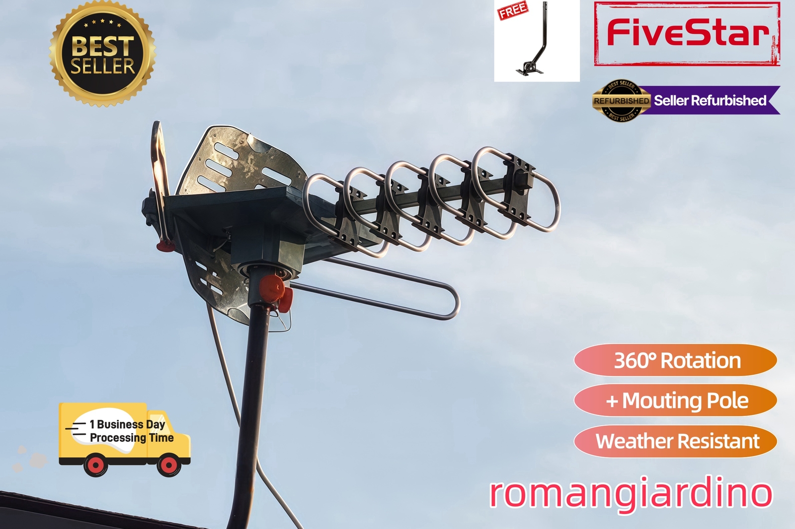 Hot Deal Outdoor TV Antenna Pole Motorized Amplified HDTV 1080P 4K 360° Rotation