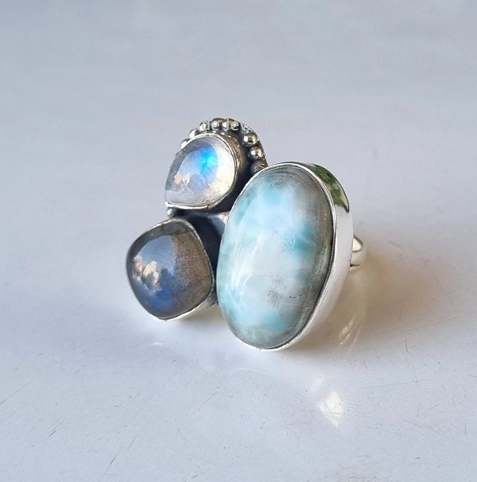 Anillo Larimar, Labradorita y Piedra Lunar Plata de Ley 925 Hecho a Mano Artículo PG3873 Foto 2 de 3