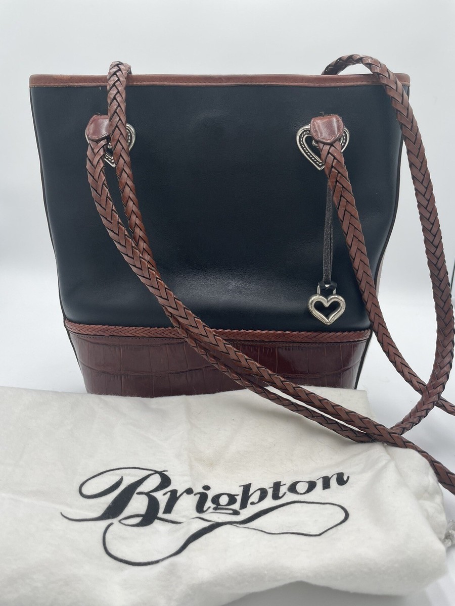 Brighton Leather Bucket Tote Satchel Handbag Black w/Brown W  display picture 3