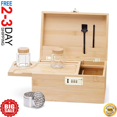 Stash Box with Rolling Tray, Smell Proof Large Bamboo Storage Box with Lock, Box