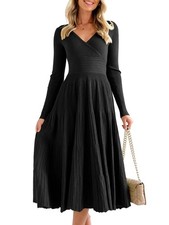 Women's Long Sleeve Midi Sweater Dress V Neck Pleated Maxi Dress ()