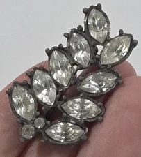 Vintage MCM Clear Rhinestone Flower Leaves Black Metal Brooch Floral Pin 1.5"