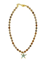 Handmade Agate Lava Stone Beaded Necklace Gold Blue Starfish Pendant Boho