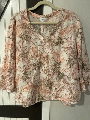 J JILL Love Linen Soft Rose Floral Leaf Print Blouse Top Boho Preppy XLPetite
