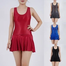 Cute Women's Swimwear in Sleek Oil Shiny Sheer and Elegant Skirt Style