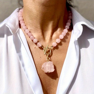 Simple Elegant Handmade Rose Quartz Beaded Necklace with Native Rose Quartz 