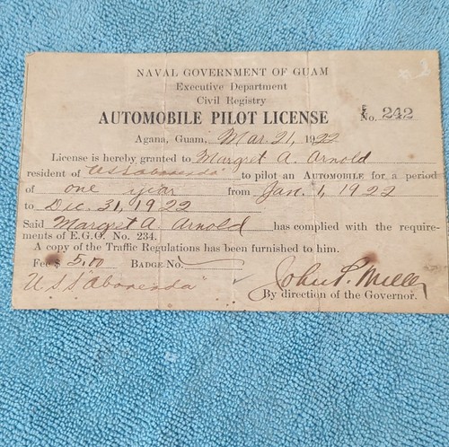 1922 Naval Government of Guam Automobile Pilot License No. 242 Arvelo