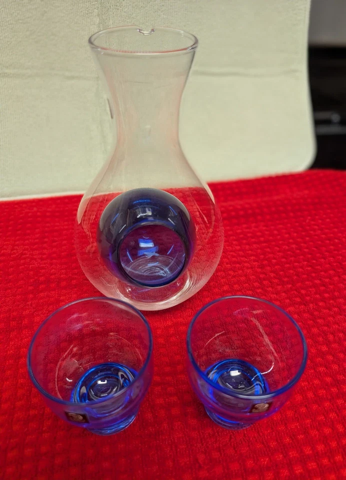 Juego de jarra de sake frío de vidrio Tokyo Sasaki azul colbalto japonés en caja oriental de colección Foto 3 de 4