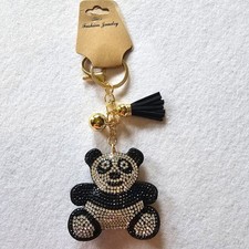 Panda Bear Large Rhinestone Covered Puffy Keychain Or Bag Charm W Tassel