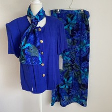 NWT Alfred Dunner Womens 10 Blue Floral 3-Pc Set Scarf Top Skirt Vintage