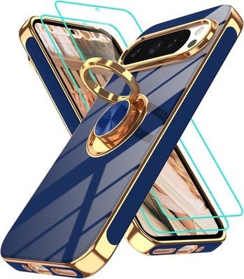 Google Pixel 9 Pro Case: 2Pcs Screen Protector | 360° Rotation Ring Holder Blue