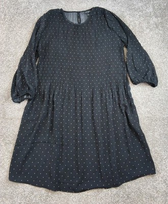 J Jill Wearever Black Polka Dot Print Dress Large Pleated Midi Balloon Sleeves