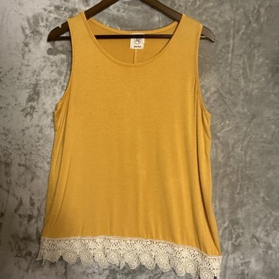Grace & Emma Mustard Yellow Lace Hem Tank Top Women s Medium Boho Sleeveless