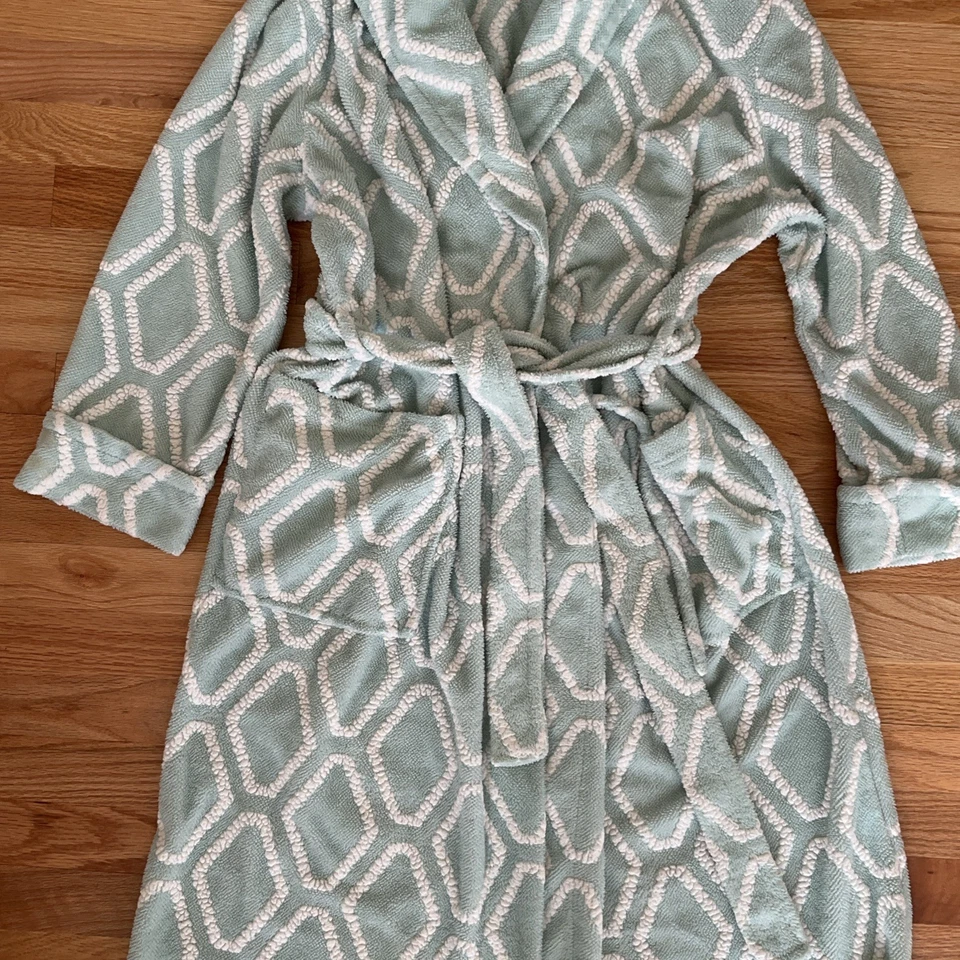 女式长袍薄荷蓝色和白色浴袍法国毛圈包裹茉莉玫瑰 M 码 — 第 3/4 张图片