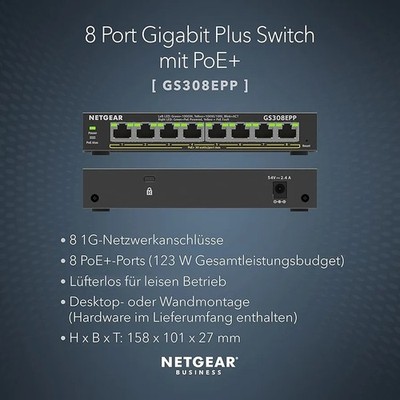 NETGEAR Business Ethernet Switch 8 x 1G Netzanschlüsse  GS308EPP 